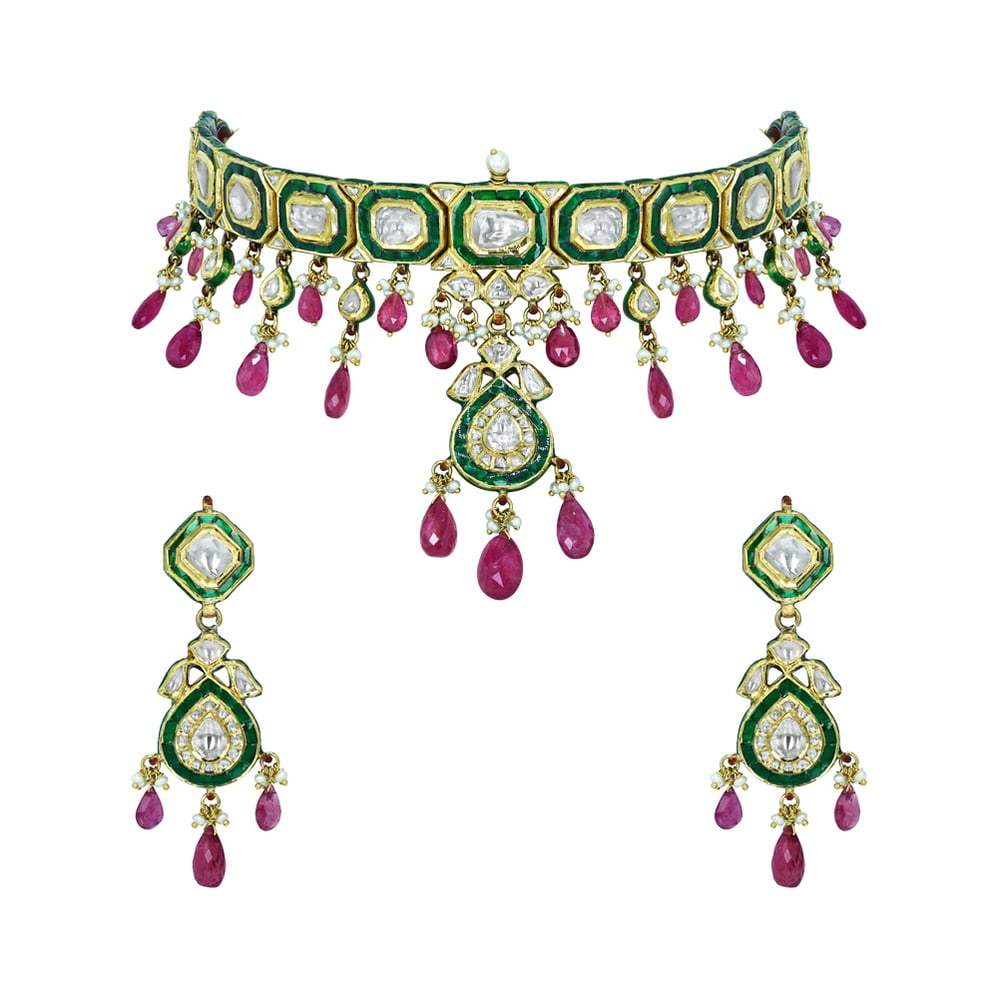 Polki Choker Set with Green Enamel, Tourmaline, and Pearls